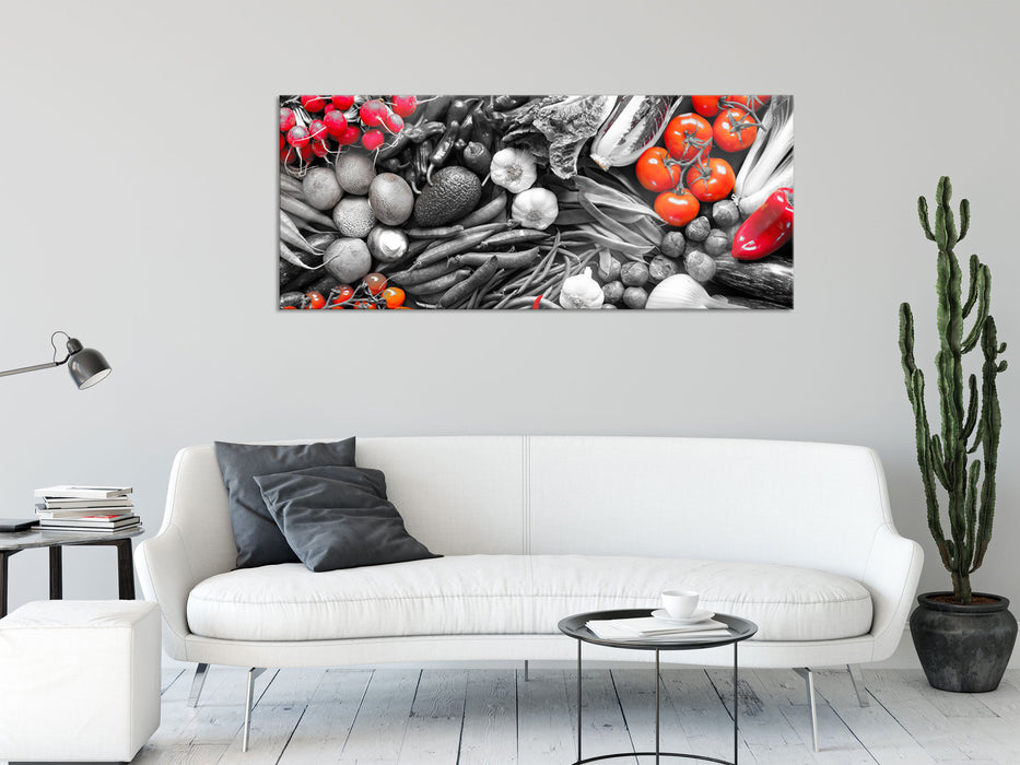 Bunte Gemüsemischung B&W Detail, Glasbild Panorama