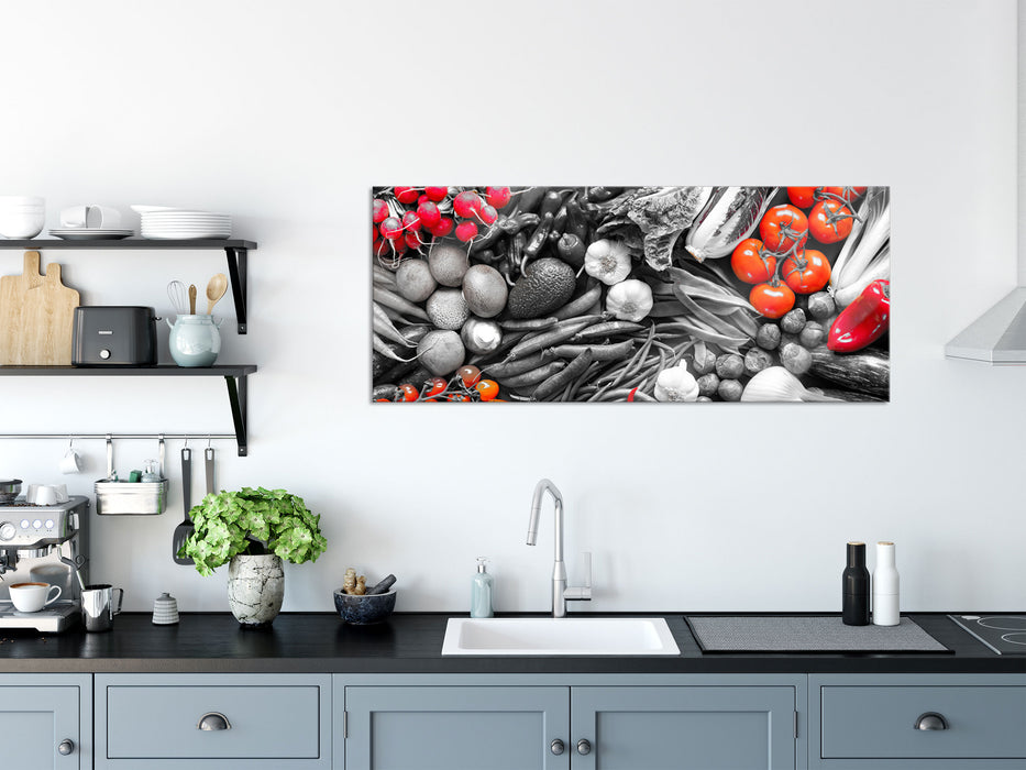Bunte Gemüsemischung B&W Detail, Glasbild Panorama