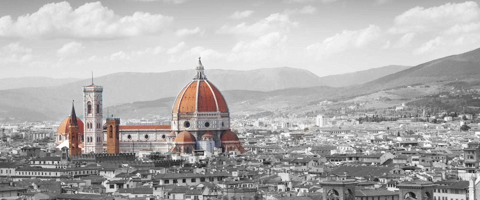 Panoramablick über die Dächer von Florenz B&W Detail, Glasbild Panorama