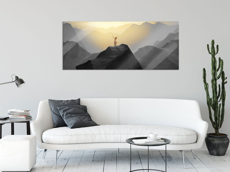 Einsame Frau auf Felszug Anbetung B&W Detail, Glasbild Panorama