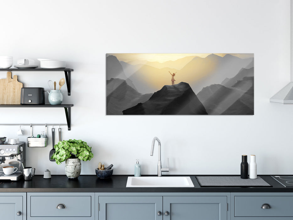 Einsame Frau auf Felszug Anbetung B&W Detail, Glasbild Panorama