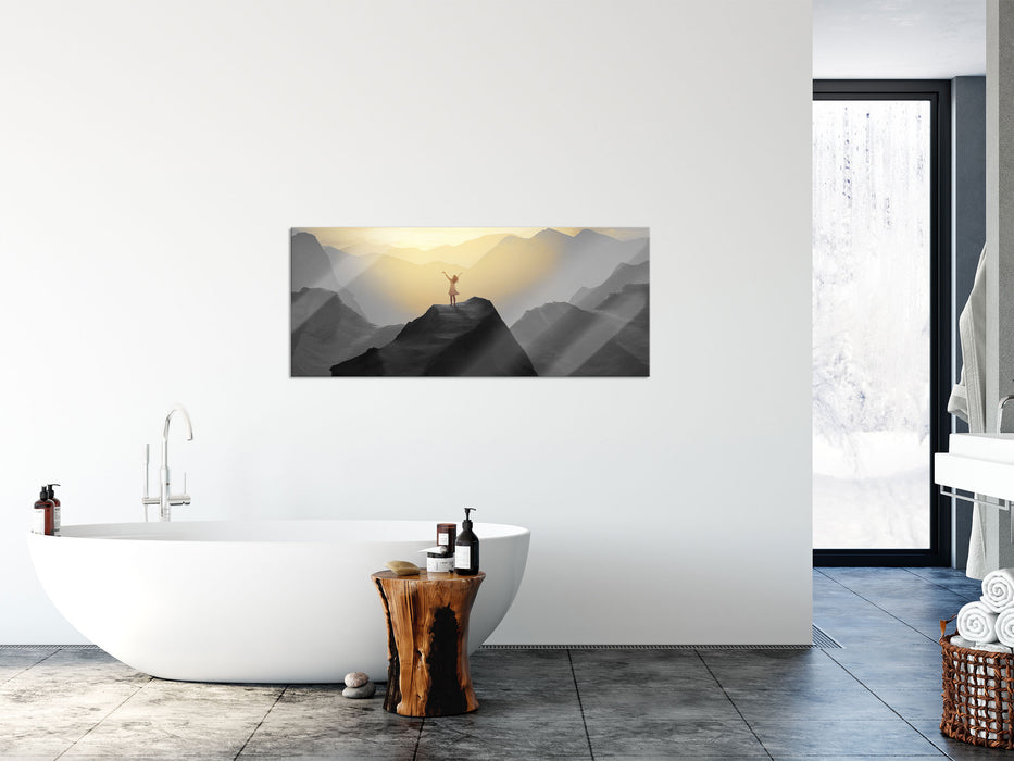 Einsame Frau auf Felszug Anbetung B&W Detail, Glasbild Panorama