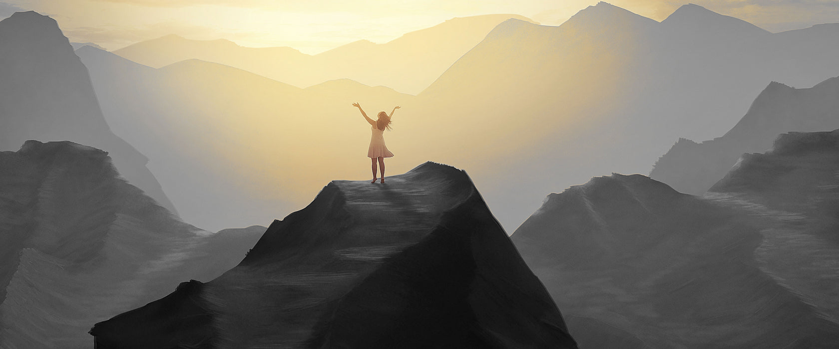 Einsame Frau auf Felszug Anbetung B&W Detail, Glasbild Panorama