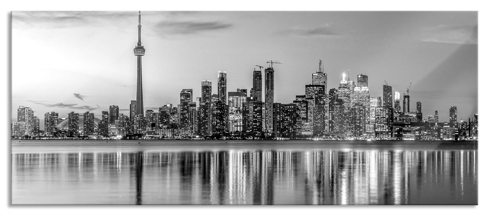 Pixxprint Skyline Toronto in der Abenddämmerung, Monochrome, Glasbild Panorama