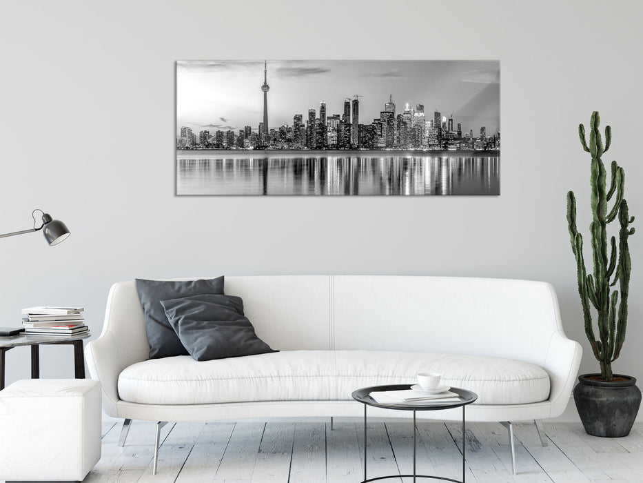 Skyline Toronto in der Abenddämmerung, Monochrome, Glasbild Panorama