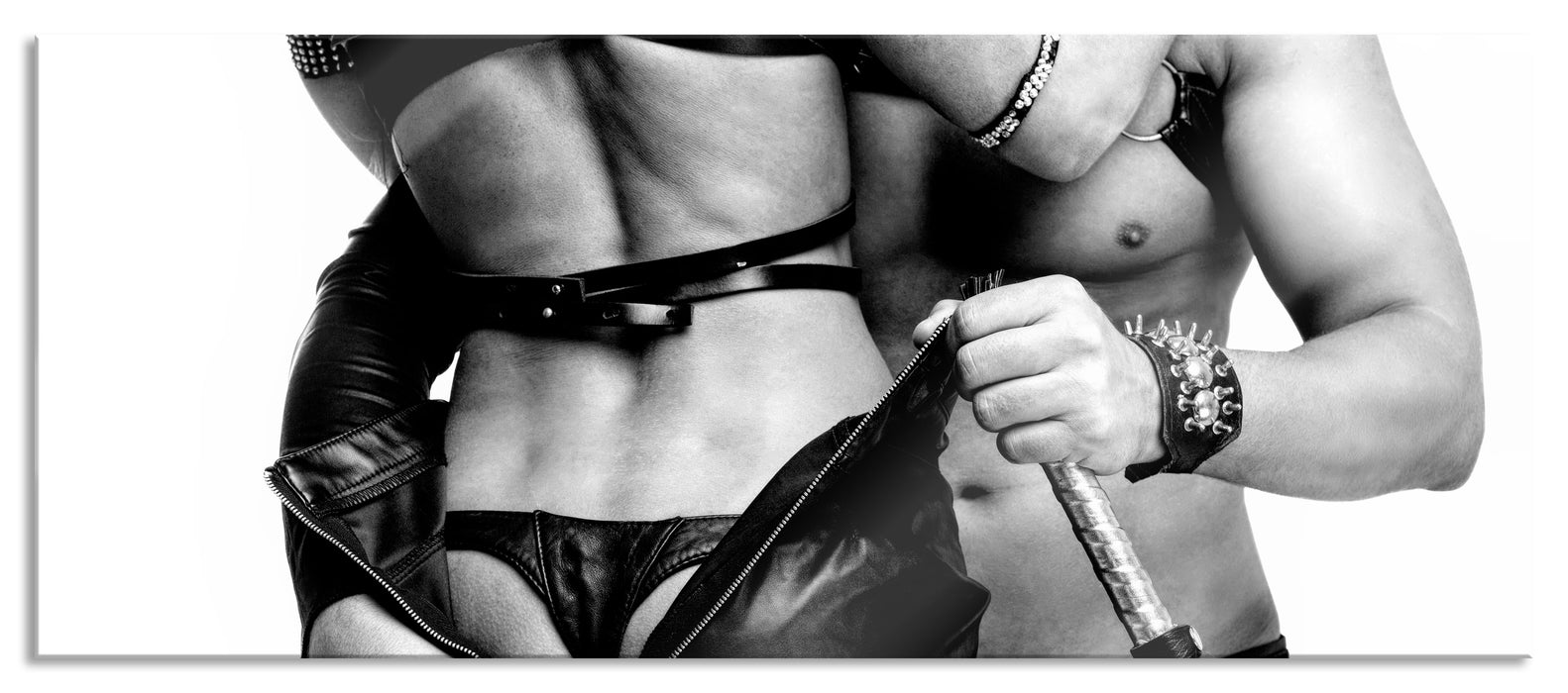 Pixxprint Sexy Paar in Ledermontur , Monochrome, Glasbild Panorama