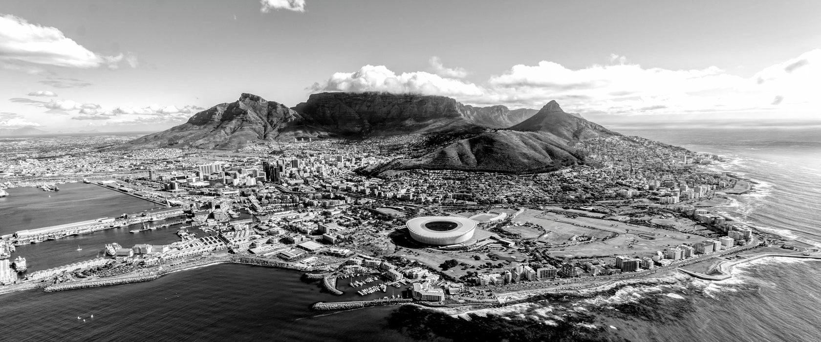 Luftaufnahme von Kapstadt, Monochrome, Glasbild Panorama