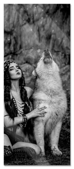 Pixxprint Indianische Frau und heulender Wolfshund, Monochrome, Glasbild Panorama