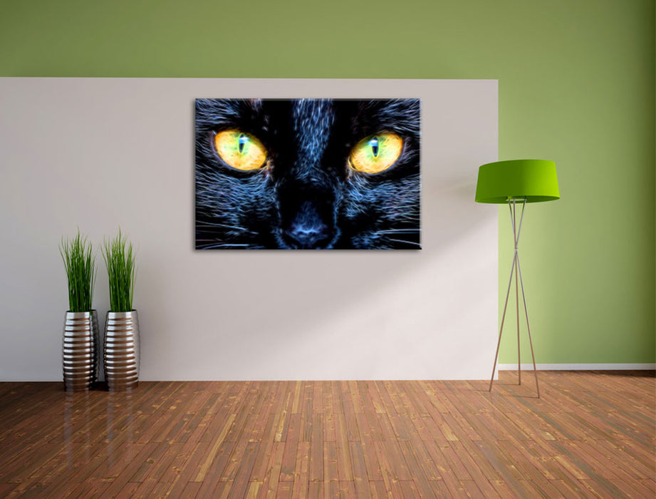 Schwarze Katze mit gelben Augen Leinwandbild im Flur