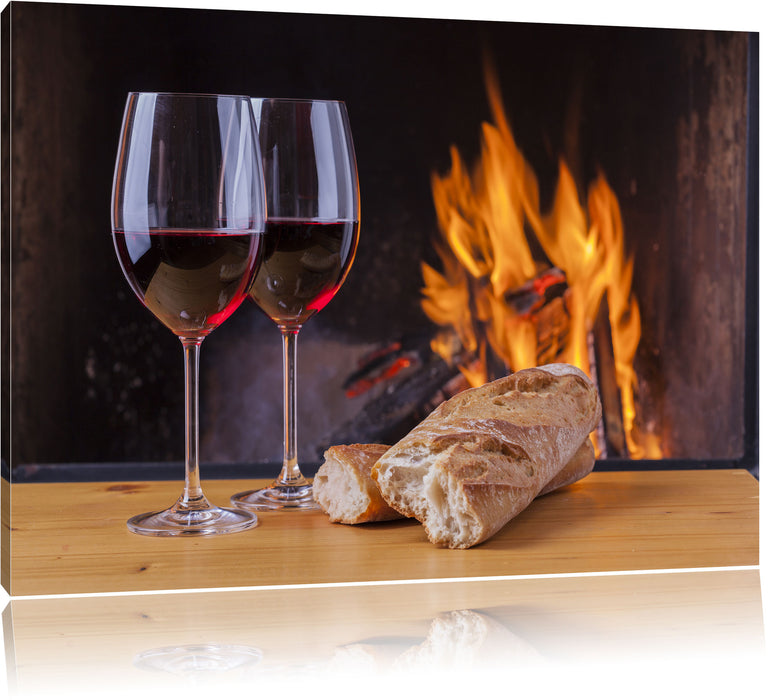 Pixxprint Zwei Gläser Wein mit Baguette, Leinwandbild