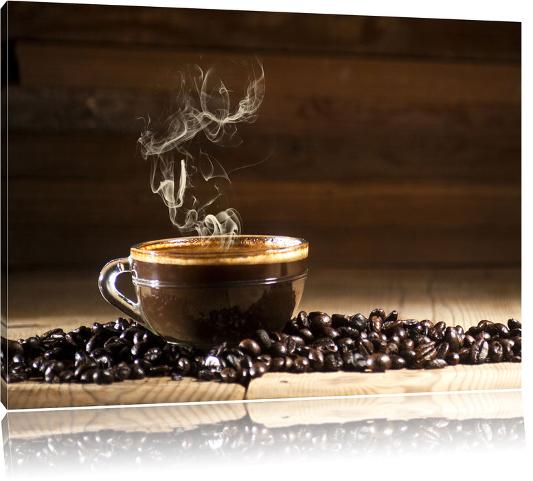 Pixxprint Kaffee zwischen Kaffeebohnen, Leinwandbild