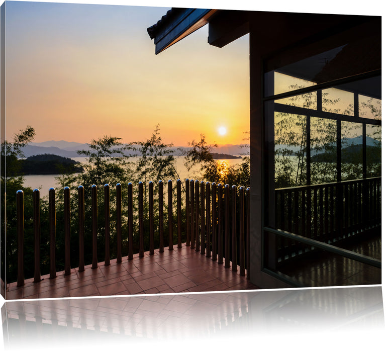 Pixxprint Haus am See bei Sonnenuntergang, Leinwandbild