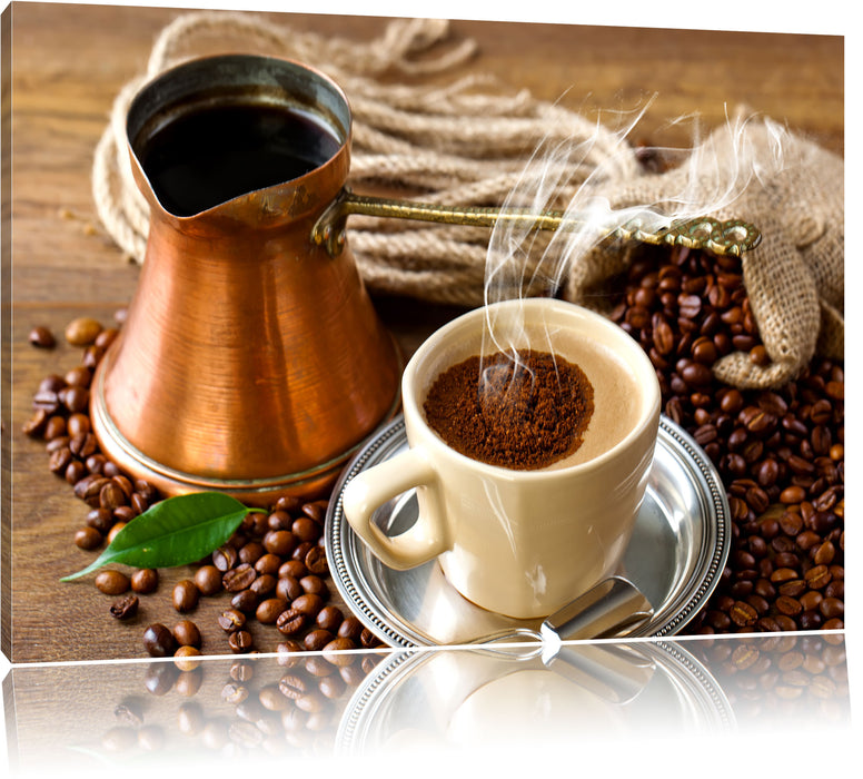 Pixxprint Frisch Kaffee mit Kaffeebohnen, Leinwandbild