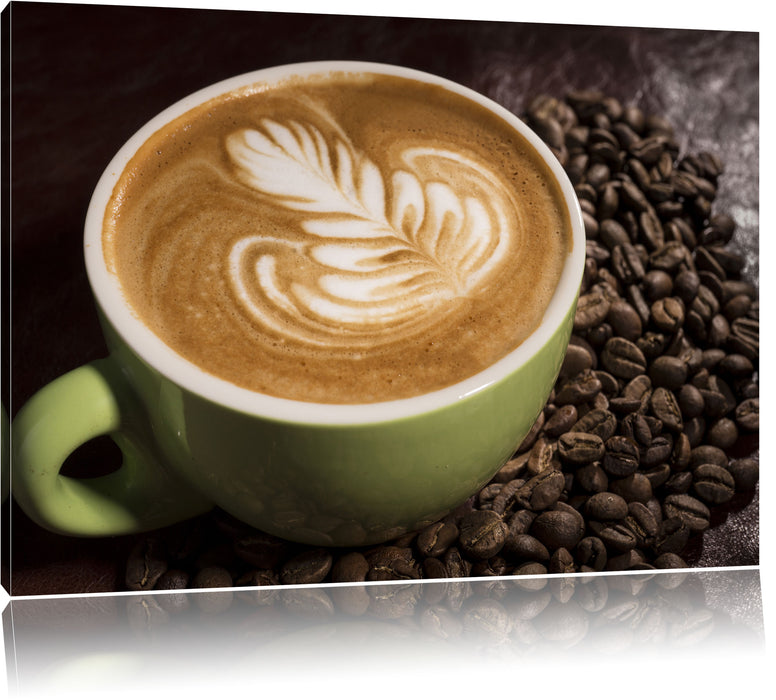 Pixxprint Cappucino zwischen Kaffeebohnen, Leinwandbild