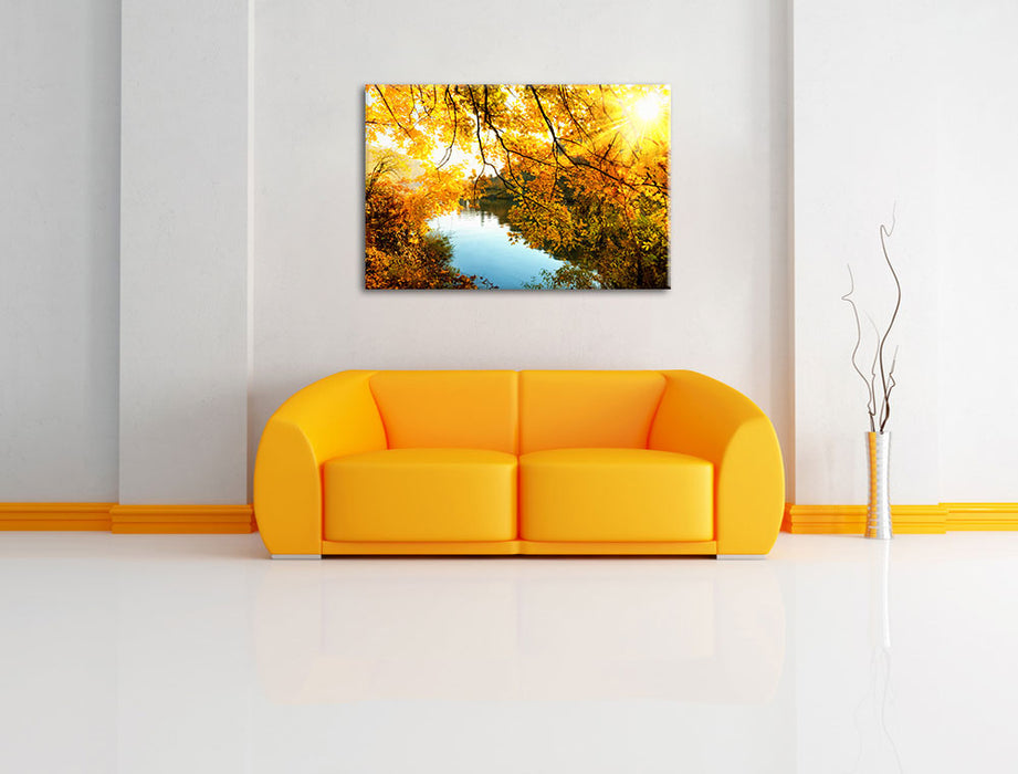 Landschaft mit See und Bäumen Leinwandbild über Sofa
