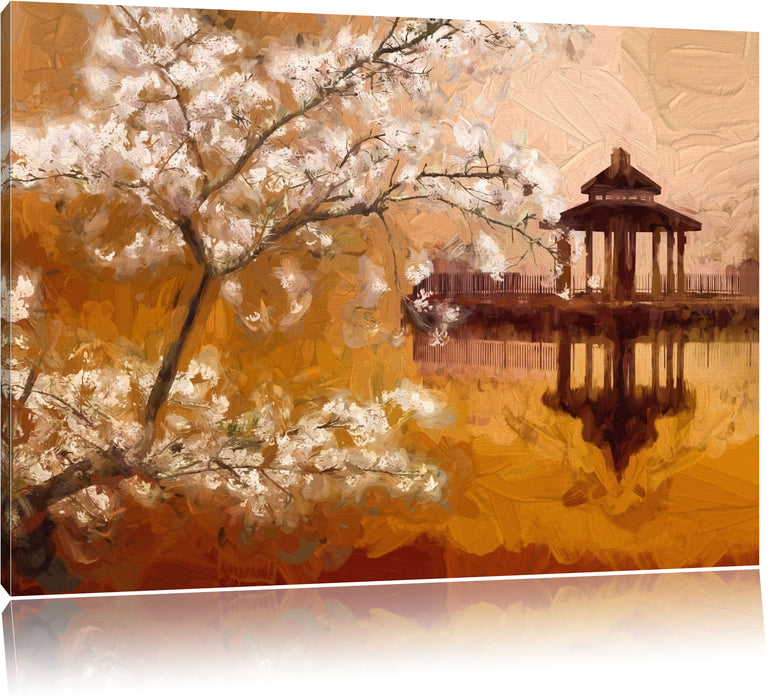 Pixxprint Kirschbaum an See, Leinwandbild