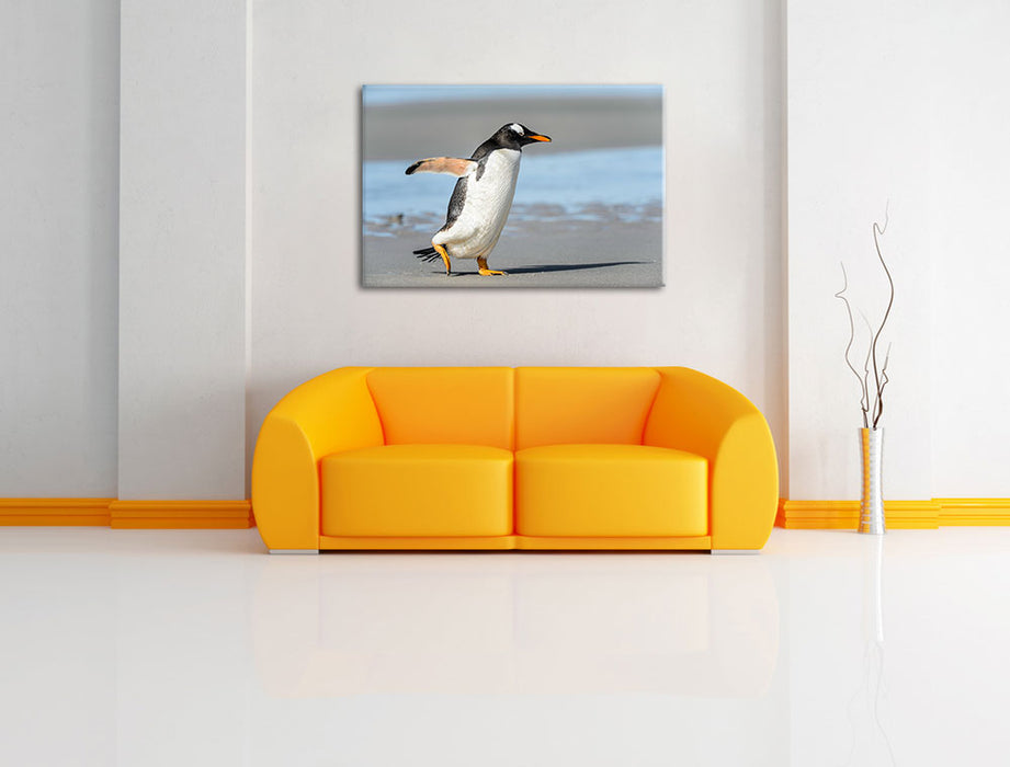 Pinguin am Strand Leinwandbild über Sofa