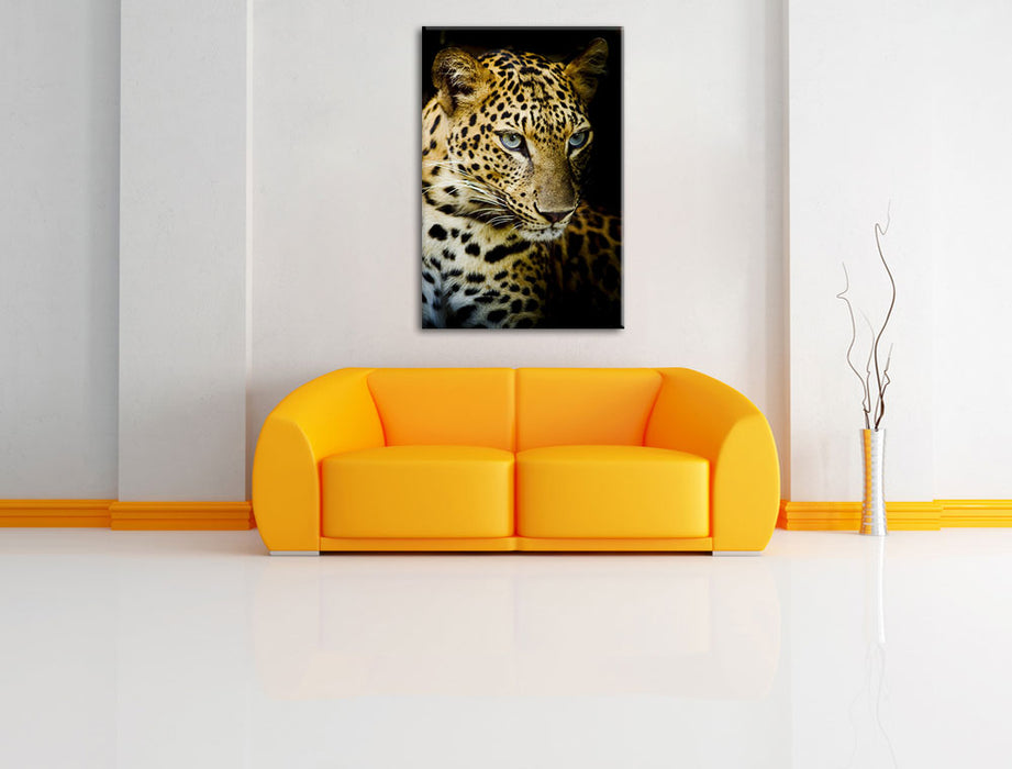 Leopard mit blauen Augen Leinwandbild über Sofa