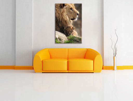 Löwe mit Löwenbaby Leinwandbild über Sofa