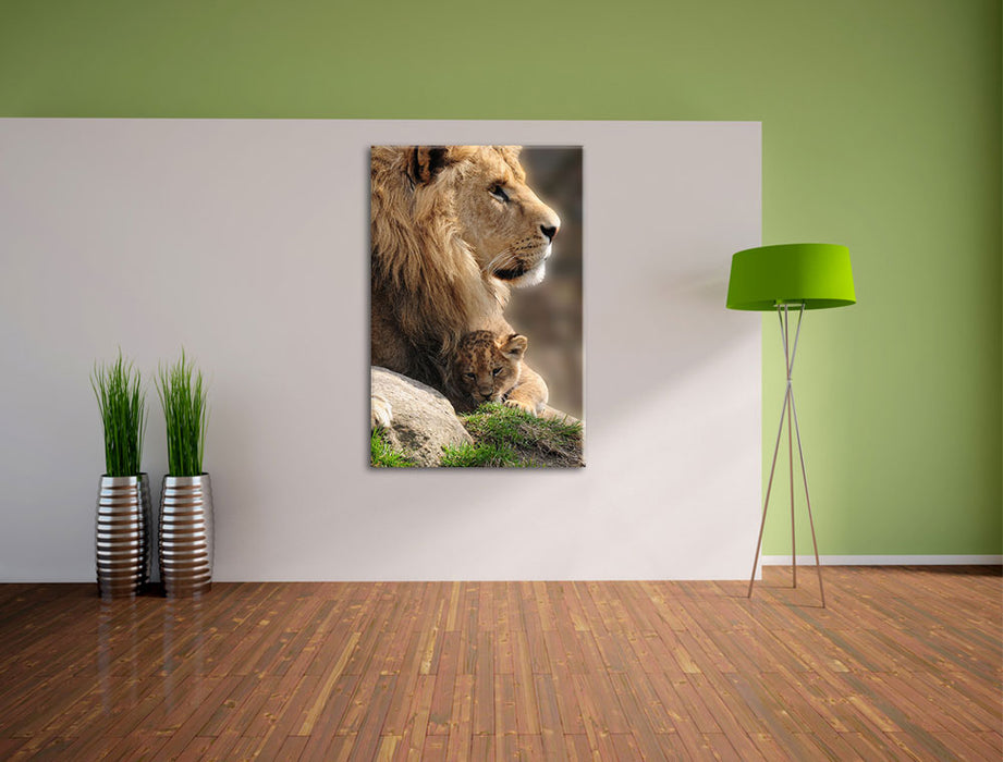 Löwe mit Löwenbaby Leinwandbild im Flur
