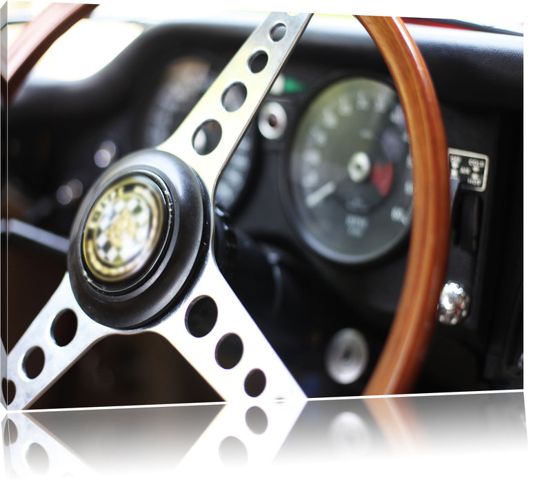 Pixxprint Schönes Oldtimer Lenkrad, Leinwandbild