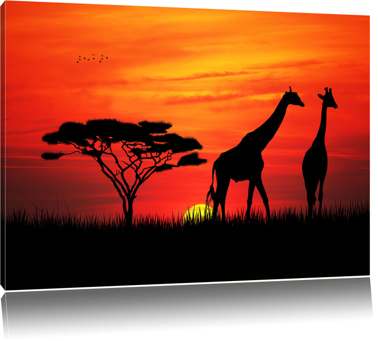 Pixxprint Afrika Giraffen im Sonnenuntergang, Leinwandbild