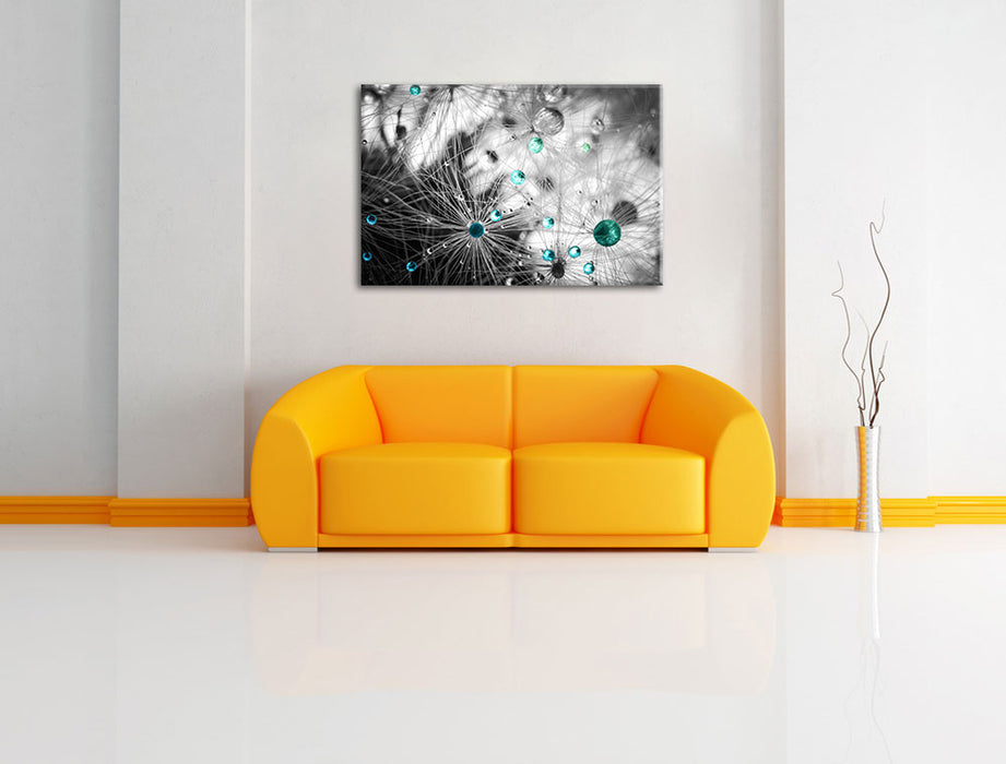 Wassertropfen auf Pusteblume Leinwandbild über Sofa