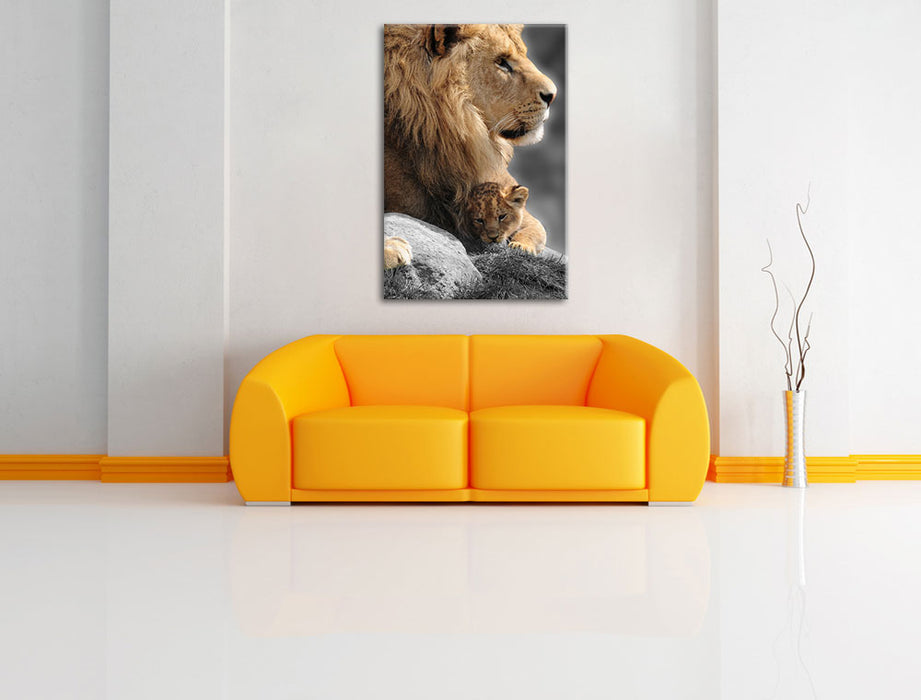 Löwe mit Löwenbaby Leinwandbild über Sofa