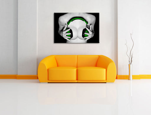 Dark Sexy girl grüne Kopfhörer Leinwandbild über Sofa