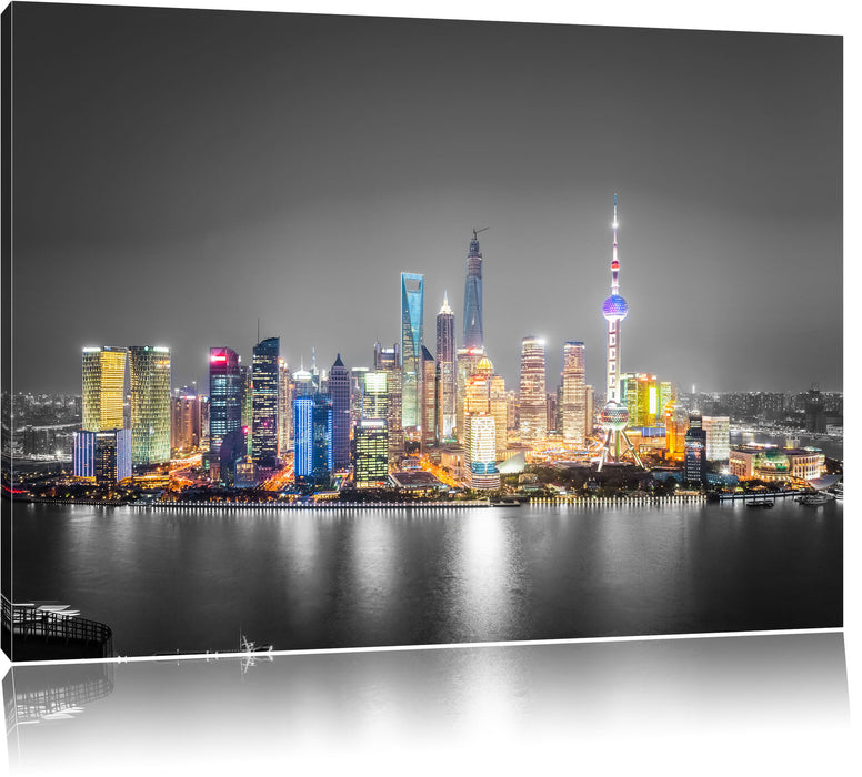 Pixxprint Shanghai Skyline bei Nacht, Leinwandbild