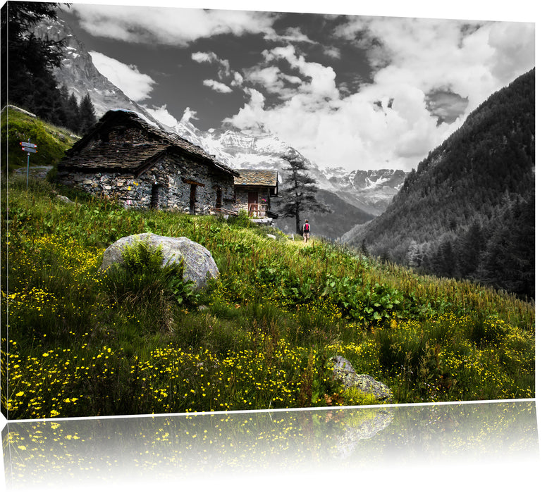 Pixxprint Steinhütte auf Berg, Leinwandbild