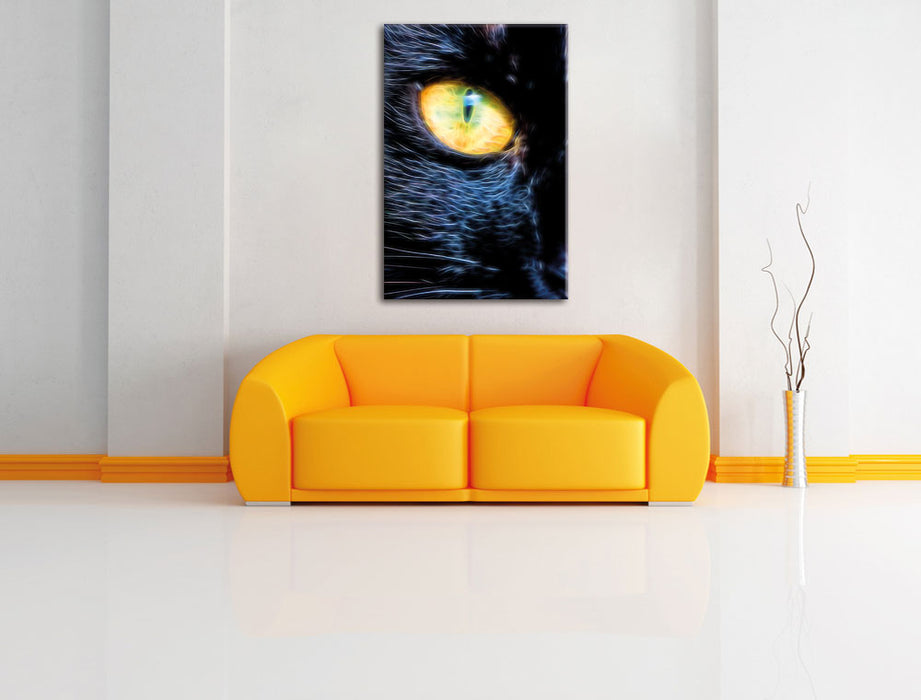 Schwarze Katze orangene Augen Leinwandbild über Sofa
