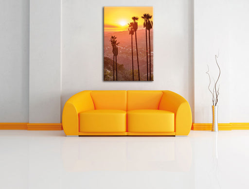 Palmen im Sonnenuntergang Leinwandbild über Sofa