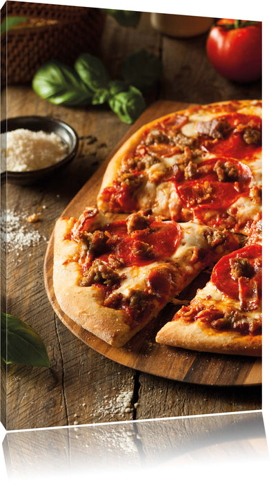 Pixxprint Pizza Käse Salamipizza, Leinwandbild