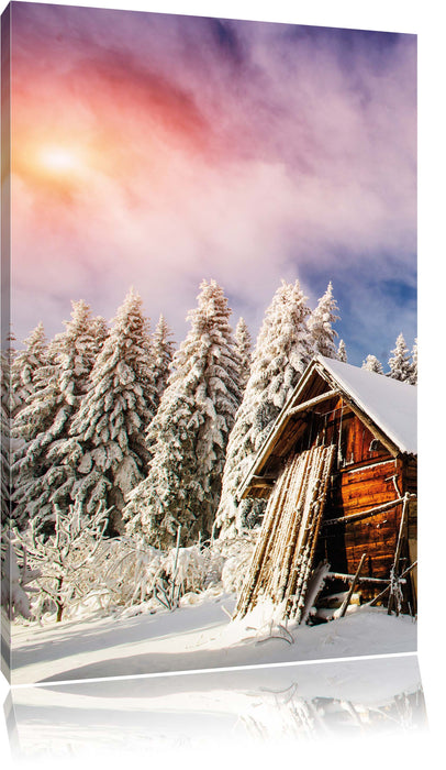 Pixxprint Holzhütte im Schnee, Leinwandbild