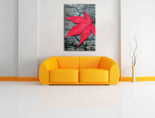 Blatt auf Holz Natur Leinwandbild über Sofa