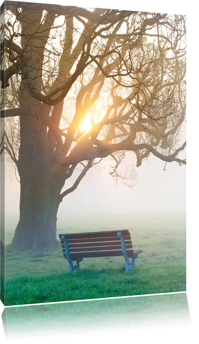 Pixxprint Baum und Bank im Nebel, Leinwandbild