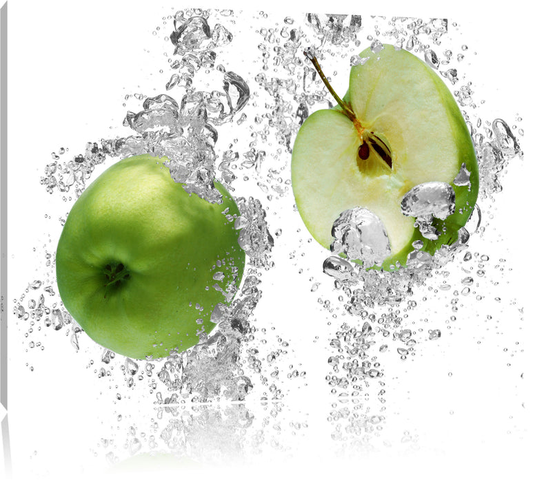 Pixxprint saftig grüne Äpfel im Wasser, Leinwandbild