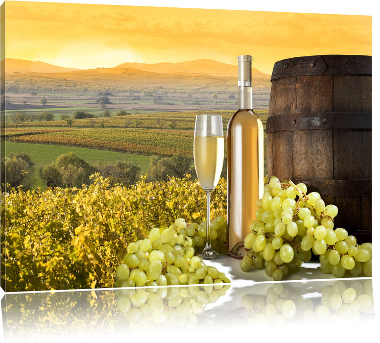 Pixxprint Weinreben mit Weinflasche und Fass, Leinwandbild