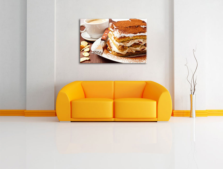 Leckeres Dessert mit Kaffee Leinwandbild über Sofa