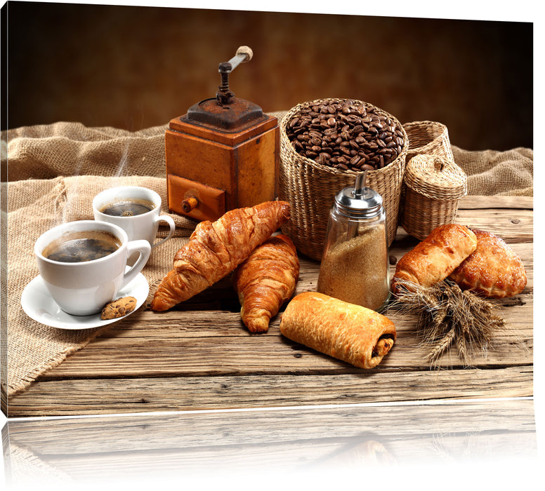 Pixxprint Aromatischer Kaffee mit Croissant, Leinwandbild