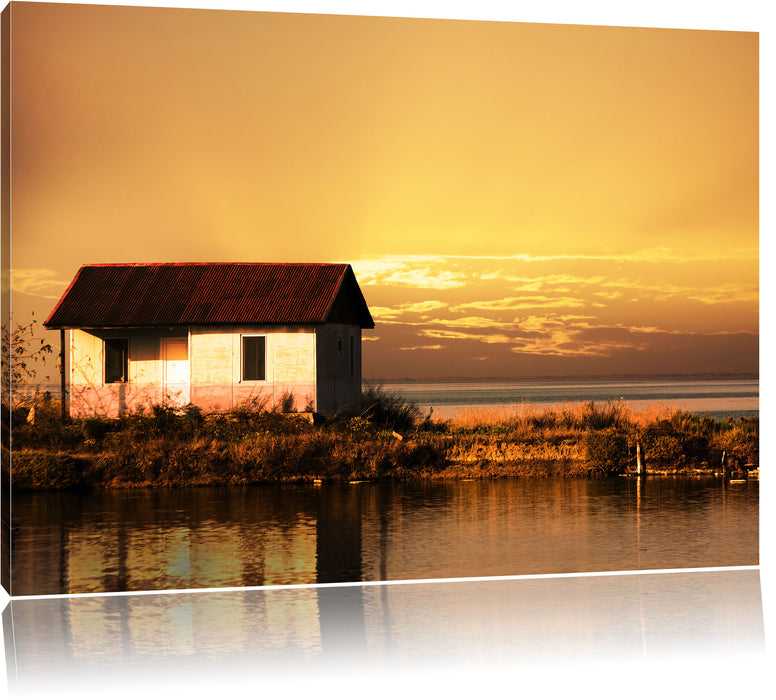 Pixxprint Haus am See bei Sonnenuntergang, Leinwandbild