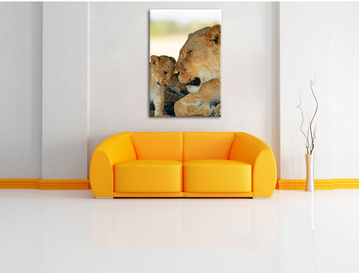 Löwenmutter schmusend mit Junges Leinwandbild über Sofa