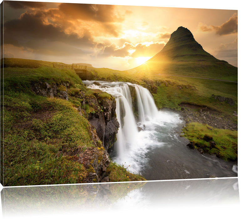 Pixxprint Wasserfall bei Sonnenuntergang, Leinwandbild