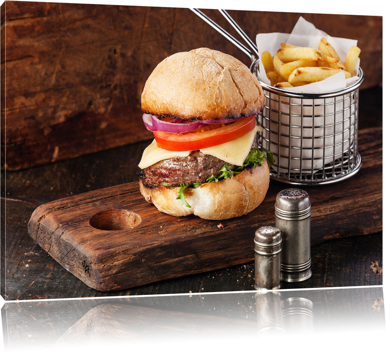 Pixxprint Cheesburger mit Pommes, Leinwandbild