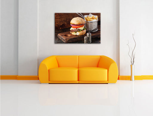 Cheesburger mit Pommes Leinwandbild über Sofa