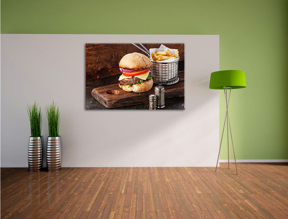 Cheesburger mit Pommes Leinwandbild im Flur