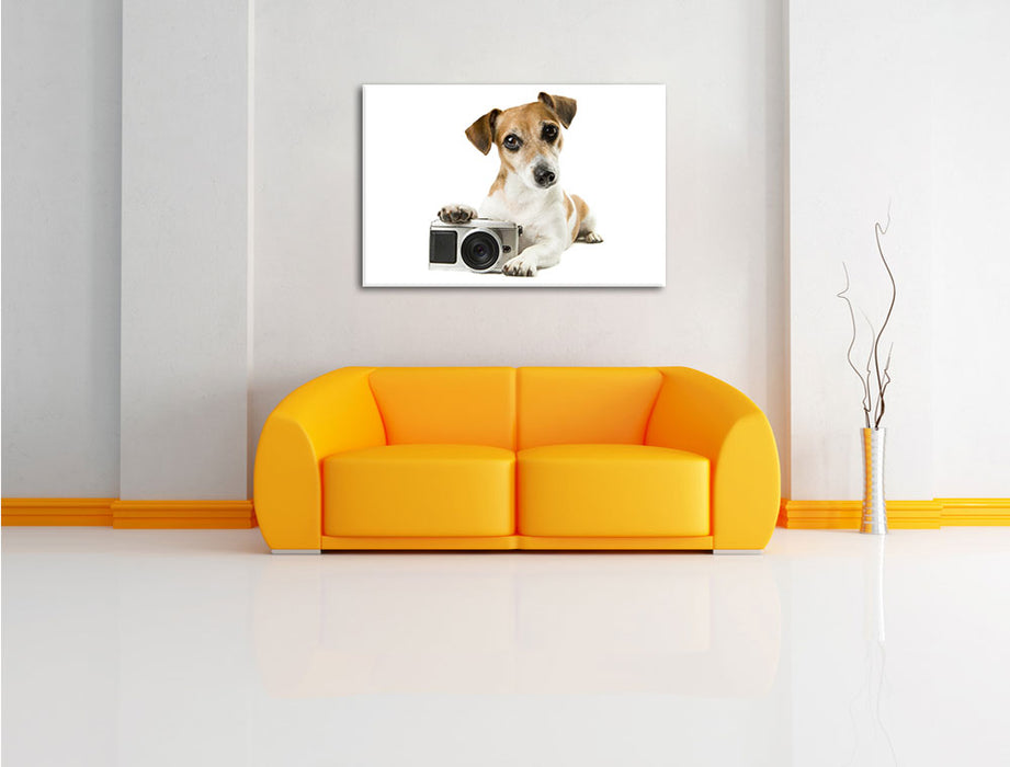 Niedlicher Hundewelpe mit Kamera Leinwandbild über Sofa