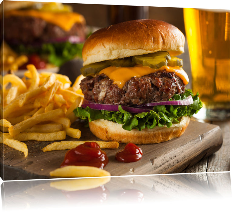 Pixxprint Saftiger Chili Cheese Burger, Leinwandbild