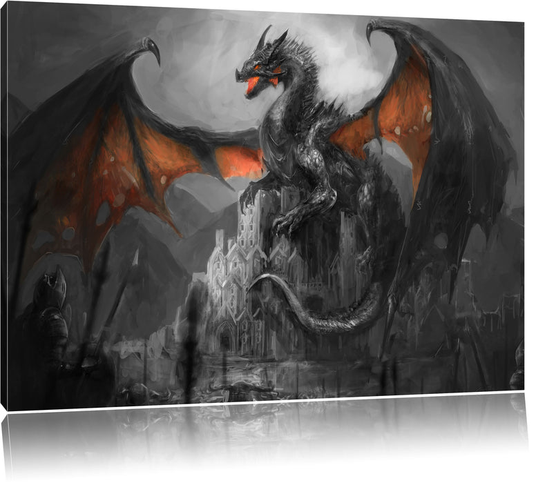 Pixxprint Drache schützend über Burg, Leinwandbild